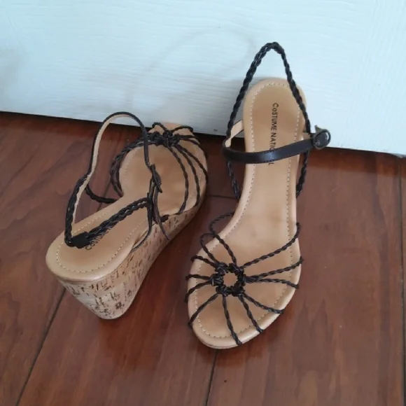 COSTUME NATIONAL Brown Braided Cork Wedges - Picture 1 of 4